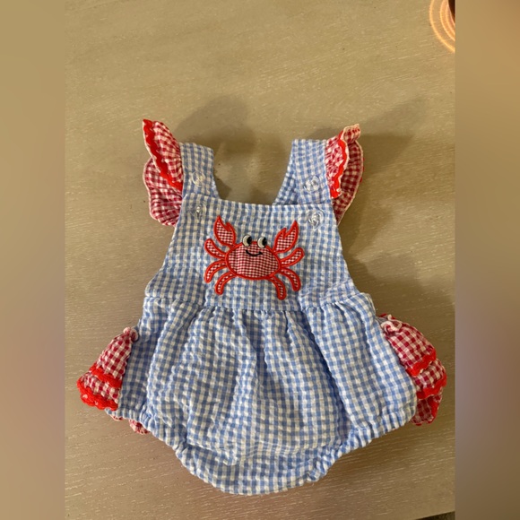 Posh Blue and White Gingham Romper with Red Trim - Picture 2 of 4